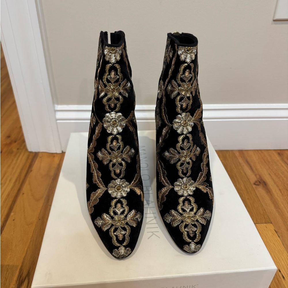 Manolo Blahnik Black and Gold Embroidered Ankle Boots